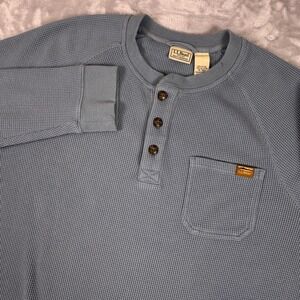 LL Bean Men Waffle Knit Henley Shirt Heavy Blue Long Sleeve Pocket L Tall 518834